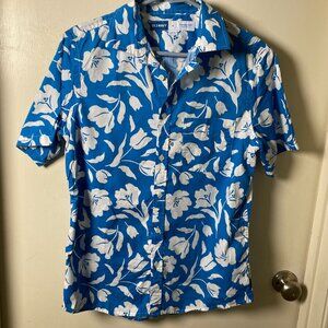 Old Navy Teal Blue White Floral Hawaiian Button Up Shirt Size S